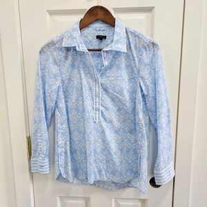 Talbots Petite Blue White Scroll Print Button Front Shirt Blouse Women SP